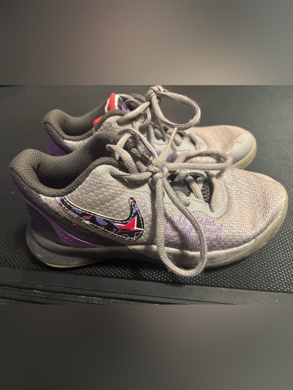 Nike Kids Gray and Purple Sneakers with Patterned Swoosh and bundle shoes